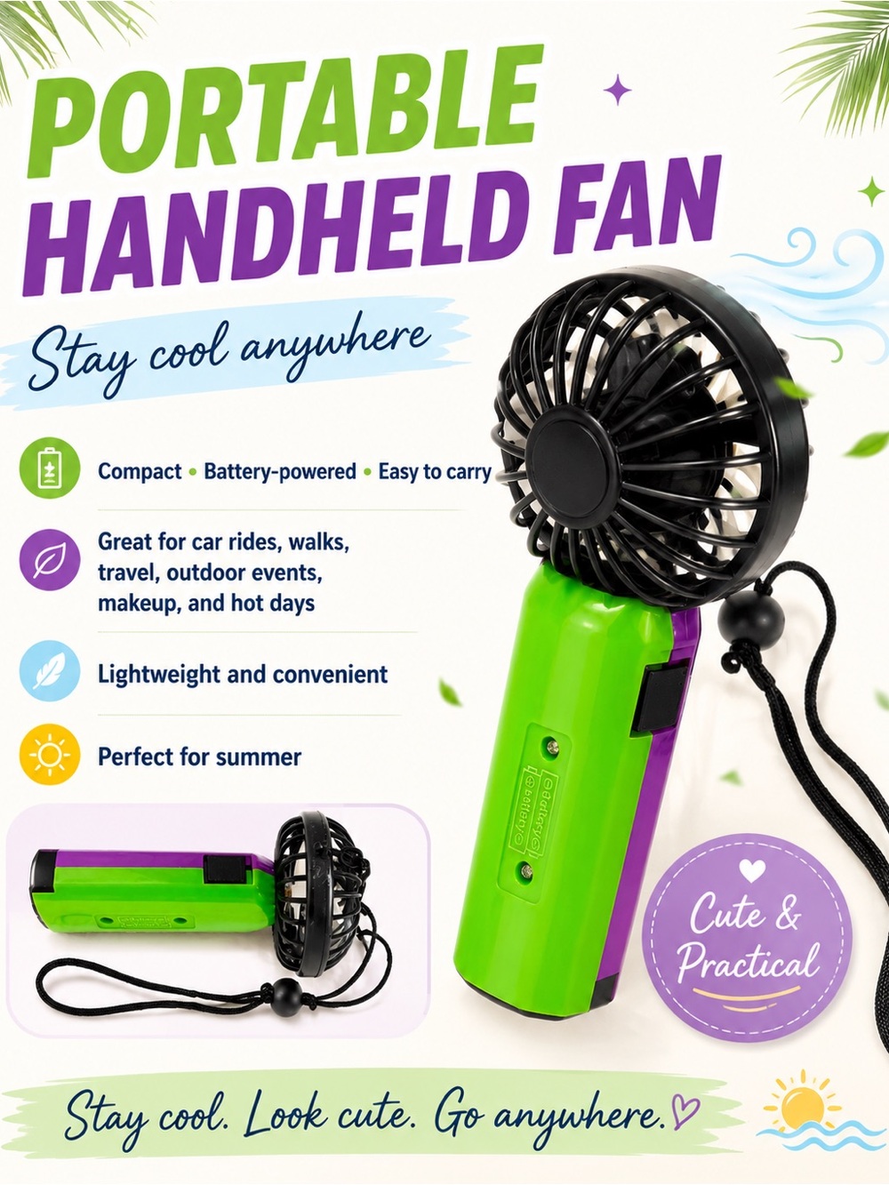 Portable Handheld Fan - Bright Green & Purple